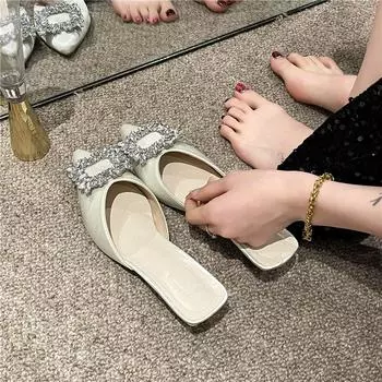 мода Новые женские туфли Новые мюли Женские туфли на высоком каблуке Модные свадебные туфли-лодочки Женские босоножки с острым носком и стразами Женские сандалии Zapatos Mujer 35 бежевый