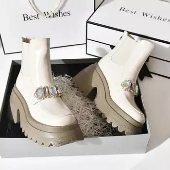 мода Новые зимние ботинки Chelsea Crystal 2024 года, модная зимняя женская обувь на плоской платформе, нескользящая спортивная повседневная готическая мотоциклетная обувь 35 бежевый