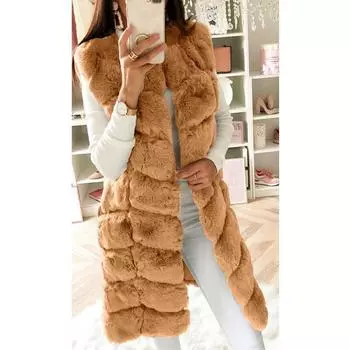 МОДА новый искусственный мех длинный жилет хлопковое пальто утолщенный длинный плюшевый жилет Одежда S хаки