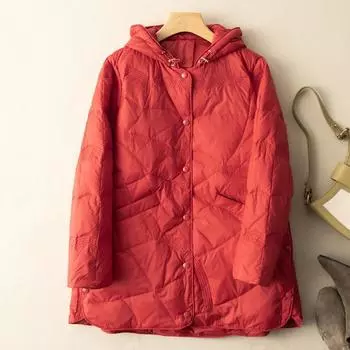 МОДА новый легкий тонкий белый пуховик с капюшоном литературный ретро легкий модный свободный зимний средней длины пальто S хаки