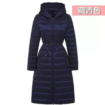 МОДА новый легкий тонкий пуховик женский средней длины выше колена с капюшоном на талии теплая универсальная куртка модная одежда с принтом Одежда S чёрный