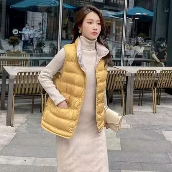 МОДА новый облегающий модный легкий пуховый жилет женский короткий воротник-стойка жилет жилет жилет верхняя куртка Одежда S чёрный