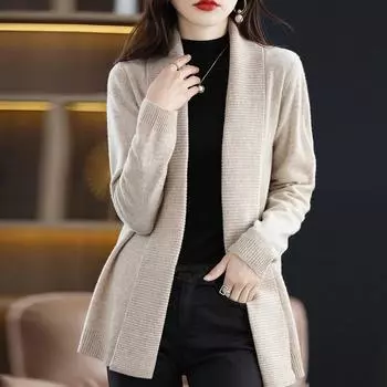 Мода Новый Осень Зима Длинный Рукав Kint V-образный Вырез Повседневный Пояс Вязаный Свитер Кардиган Женские Топы J370 One Size чёрный