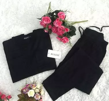 МОДА Новый осенний хлопковый спортивный костюм для женщин, комплект из 2 предметов, свитер + брюки, трикотажный костюм, однотонный, с круглым вырезом, верхняя одежда S чёрный