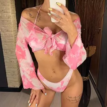 мода новый тай-дай бикини женский купальник женский купальник из трех частей бикини комплект халтер купальный костюм S синий