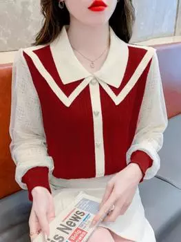 МОДА новый темперамент простой кружевной сращивающийся свитер женский топ маленький ароматный стиль кукольный воротник вязаный свитер женская одежда Одежда one size fits all абрикосовый