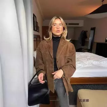 МОДА Новый винтажный свободный повседневный универсальный длинный рукав одинарный пряжка лацкан ремень блейзер одежда S темно-коричневого