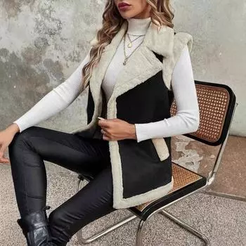 МОДА Новый женский жилет плюшевый жилет с лацканами жилет средней и длинной длины без рукавов куртка женская европейская и американская трендовая одежда S чёрный