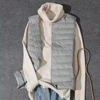 МОДА Новый жилет без воротника с пуховой подкладкой и круглым вырезом Легкий пуховик Жилет женский короткий теплый пуховый жилет Одежда S белый