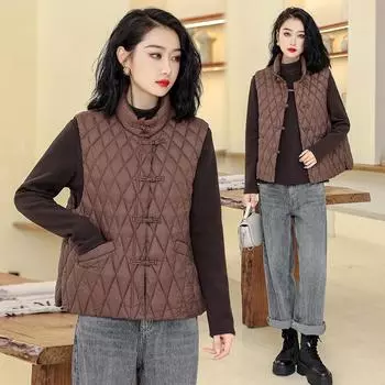 МОДА Новый жилет из хлопка с пряжкой в китайском стиле для женщин 2024 года, зима, новый повседневный жилет из хлопка с воротником-стойкой, литературный ретро, легкий женский жилет из хлопка Одежда M чёрный