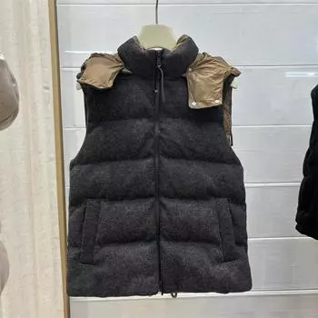 МОДА новый зимний пуховый жилет женский гусиный пух съемная шапка без рукавов легкий роскошный жилет модная одежда S does not support returns темно-серого