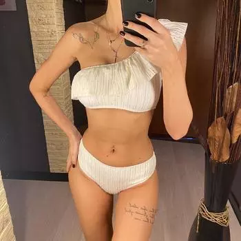 мода оборчатый одно плечо женский купальник бикини с высокой талией женский купальник из двух частей комплект бикини купальный костюм купальник леди S белый
