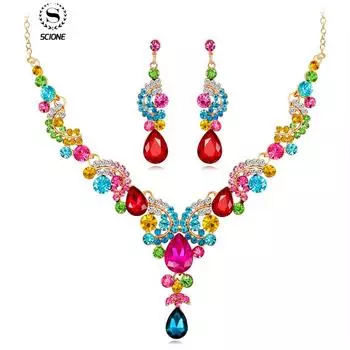 Мода Очарование Пром Свадебные украшения Кристалл Горный хрусталь Ожерелье Серьги Набор Подарок золотой