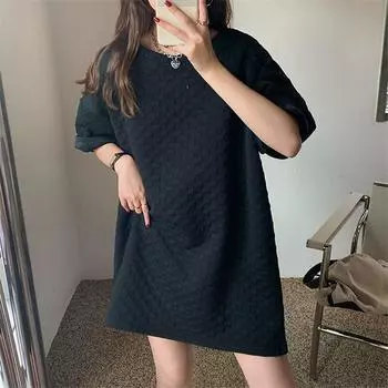 МОДА Однотонная футболка для женщин, повседневная, с круглым вырезом, в клетку, три четверти, средней длины, хлопковые футболки, женский свободный универсальный топ 2024 M белый