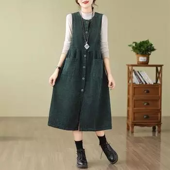 МОДА однотонный повседневный хлопковый вельветовый жилет юбка ретро карман кардиган платье иностранный стиль длинное платье женское M хаки