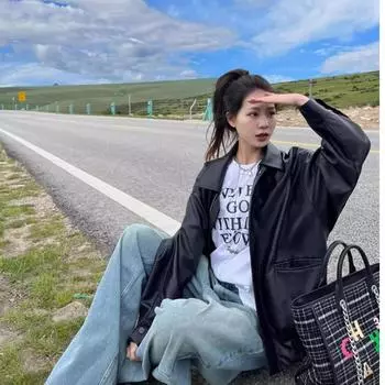 МОДА оригинальная практика + внутренняя подкладка] Осенняя черная кожаная куртка женская в стиле Гонконга high sense 2024 новая свободная застежка Одежда M