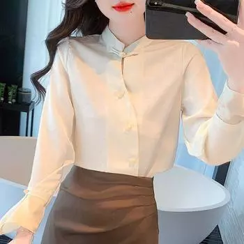 Мода осень 2024 китайский стиль длинный рукав воротник стойка абрикосовый шифон блузка рубашка женские топы блузки рубашки J439 S абрикосовый