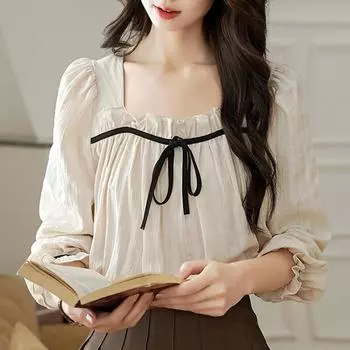 Мода осень 2024 повседневная блузка с длинным рукавом и квадратным воротником рубашка женские топы блузки рубашки J421 S абрикосовый