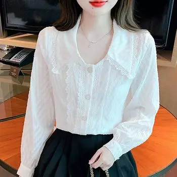 Мода осень 2024 повседневная с длинным рукавом кукольный воротник белая шифоновая блузка рубашка женские топы блузки рубашки J478 S белый