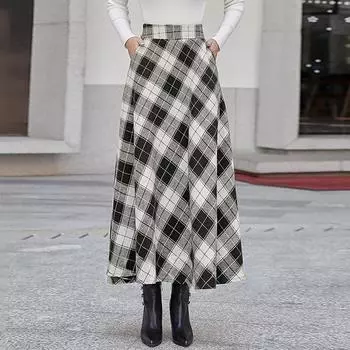 Мода осень 2024 женские макси юбки повседневные свободные клетчатые карманы с высокой талией элегантные длинные юбки в клетку А-силуэта женские S чёрный