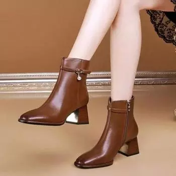 Мода осень и зима 2024 года, новые модные простые и элегантные ботинки телесного цвета, женские короткие ботинки на толстом каблуке с квадратной головкой и боковой молнией 35 чёрный