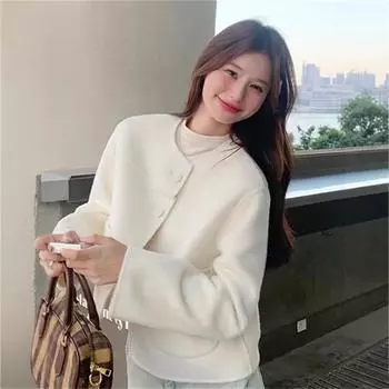 МОДА осень и зима 2025 новое маленькое ароматное шерстяное пальто женское без воротника короткое корейское шерстяное пальто Одежда S