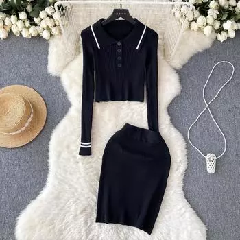 МОДА Осень и зима Новинка Dopamine Pure Lust Babes Трикотажный топ с длинными рукавами и лацканами + юбка с высокой талией и бедрами Комплект из двух предметов One Size жёлтый