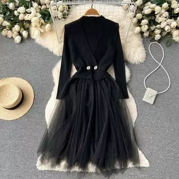 МОДА Осень и зима Новое поддельное два нерегулярных сетчатых шва с длинными рукавами трикотажное платье феи One Size абрикосовый