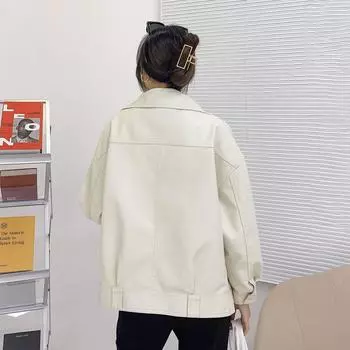 МОДА осень новая корейская версия bf стиль свободная куртка из искусственной кожи женская тонкая повседневная мотоциклетная кожаная куртка короткое пальто Одежда S чёрный