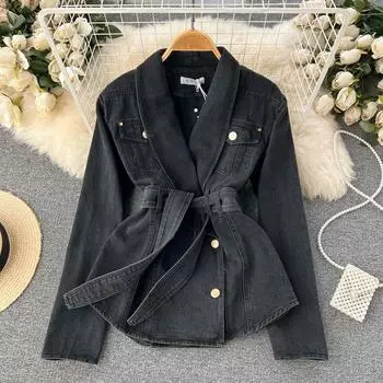 МОДА Осень Новая корейская версия пояса с тонкими листьями лотоса и V-образным вырезом двубортная джинсовая куртка One Size чёрный