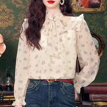 Мода Осень Новинка 2024 Длинный рукав BowLong рукав стойка воротник Повседневный принт шифон блузка рубашка женские топы блузки рубашки J445 S абрикосовый