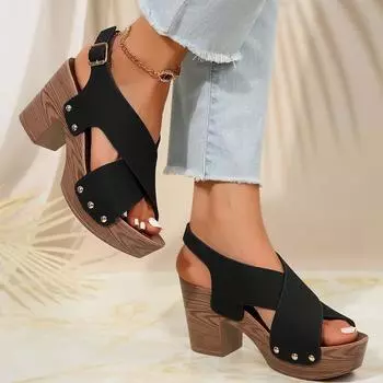 мода осень новые женские модные однотонные пряжки толстый каблук повседневные высокие каблуки тапочки 36 чёрный