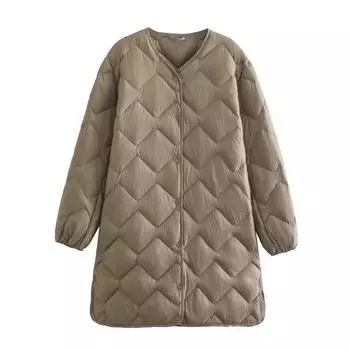 МОДА Осень Новый легкий тонкий пуховик Япония Корея Повседневный средней длины 90 Белый утиный пух V-образный вырез пуховик женский S темно-зеленого