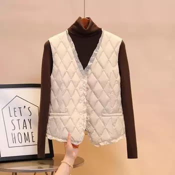 МОДА осень новый легкий жилет на пуху темперамент однобортный короткий V-образный вырез повседневный жилет модная одежда S