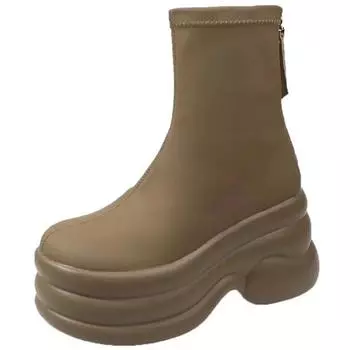 мода осень весна женская обувь женские сапоги на платформе мода круглый носок ботильоны 2024 зима эластичный черный танкетка удобный 34 коричневый