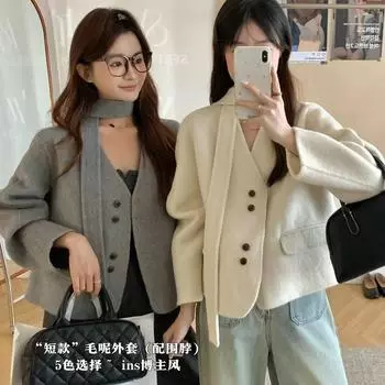 Мода осень-зима 2024 года, нежное и темпераментное короткое шерстяное пальто Dongdaemun с V-образным вырезом M фиолетовый