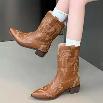 мода осень зима 2024 ковбойские сапоги в стиле вестерн женские сапоги с вышивкой мотоциклетные сапоги из искусственной кожи до середины голени 35-40 35 чёрный