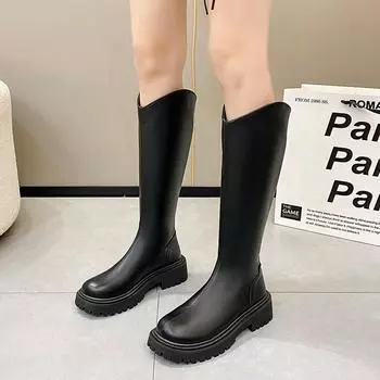 мода осень зима 2024 мода высокое качество молния сзади женские сапоги квадратный каблук круглая головка обувь для женщин на открытом воздухе Botines Mujer 35 чёрный