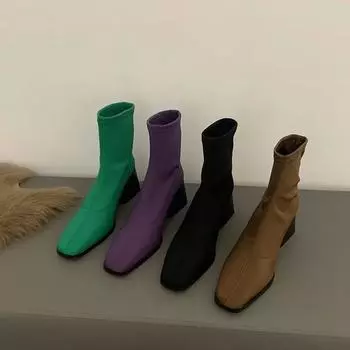 мода осень зима эластичные женские ботильоны модные туфли с квадратным носком без застежек винтажные туфли на высоком квадратном каблуке женские короткие ботильоны
