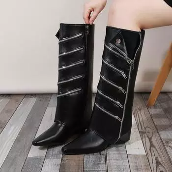 Мода Осень Зима Боковая молния 2024 Горячая Распродажа Новые Женские Сапоги До Колена Модные Туфли С Острым Носком Для Женщин Zapatos Para Mujeres 35 бежевый