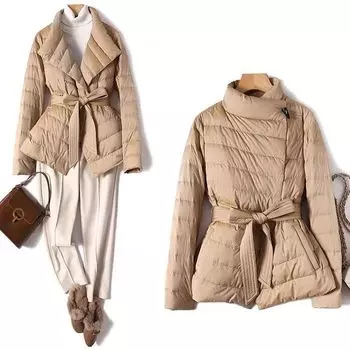 МОДА Осень-зима косая планка, поясной фасон, воротник-стойка, легкая тонкая талия, пуховик, теплая куртка с воротником-стойкой S хаки