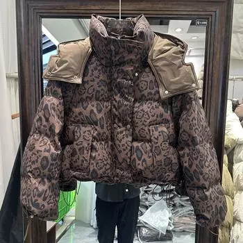 МОДА осень зима новый леопардовый принт с капюшоном мода утолщенный теплый пуховик короткая женская куртка куртка хлеб куртка маленькая One size