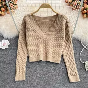 МОДА Осень Зима Новый Вялый Ветер V-образный вырез Твист Пуловер Женский Тонкий Тонкий Короткий Длинный Рукав Трикотажный Топ One Size шампанского