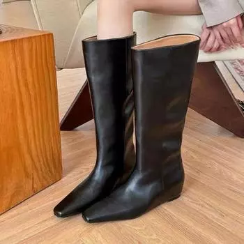 Мода Осень Зима Однотонные 2024 Горячая Распродажа Туфли для Женщин Плоские С Заостренным Носком Женские Сапоги До Колена Botines De Mujer 35 чёрный