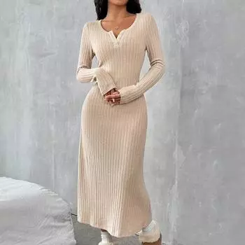 Мода Осень Зима Однотонный Длинный Рукав V-образный вырез Нижняя Макси Платье для Женщин Повседневный Тонкий Элегантный Узкие Эластичные Трикотажные Платья S