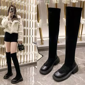 мода осень зима сексуальные женские сапоги выше колена эластичные силовые женские сапоги на платформе модная женская обувь женские длинные сапоги 35