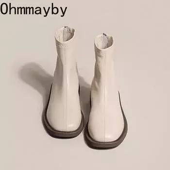 мода осень зима теплые меховые женские ботильоны мода элегантные мягкие кожаные туфли повседневные женские короткие ботильоны на низком каблуке 35 бежевый