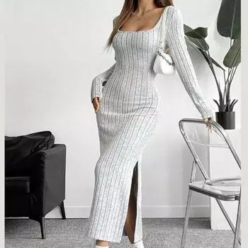 Мода Осень Зима Твердый Длинный Рукав Сексуальный Квадратный Воротник Макси Платье Для Женщин Повседневный Тонкий Боковой Разрез Эластичные Трикотажные Платья S