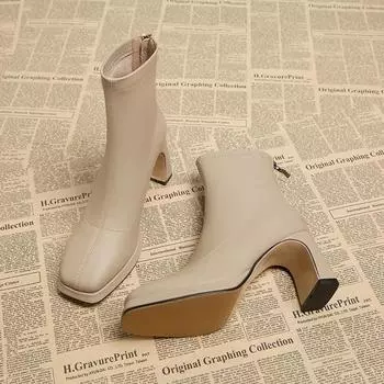 мода осень зима женские ботильоны мода квадратный носок стрейч короткие ботильоны дамы лаконичные толстые каблуки обувь 35 абрикосовый