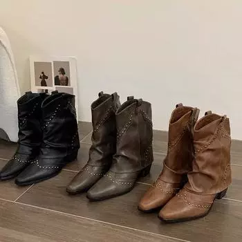 мода осень зима женские брюки короткие сапоги ретро стиль вестерн рыцарские сапоги острый нос квадратный каблук женские туфли 35 коричневый